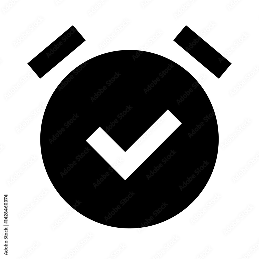 Poster alarm clock icon with check mark indicating completed task or successful time management in black an