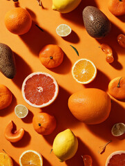 Citrus Fruits Composition on Orange Surface. A vibrant assortment of citrus fruits, including oranges, lemons, and grapefruits, is artfully arranged on a bright orange background.