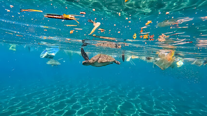 Sea turtles swimming amongst plastic trash pollution and debris floating on surface of ocean