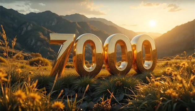 Celebrating Achievement Golden Number 7000 in Natural Mountain Landscape at Sunset