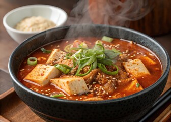 bowl of beef bulgogi stew with tofu, served in black stoneware pot on wooden table, accompanied by small white bowl of soy sauce.