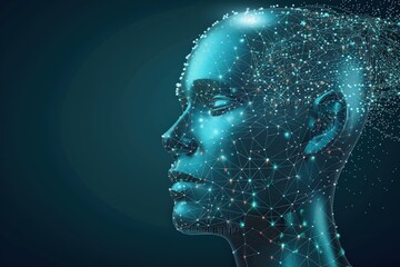 Obraz premium A digital representation of a human face, constructed from interconnected geometric shapes and glowing dots against a dark background.