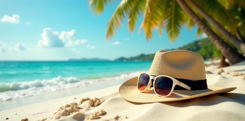 Stylish hat and trendy shades on sandy beach with palm trees, eyewear, sun hat, relaxation