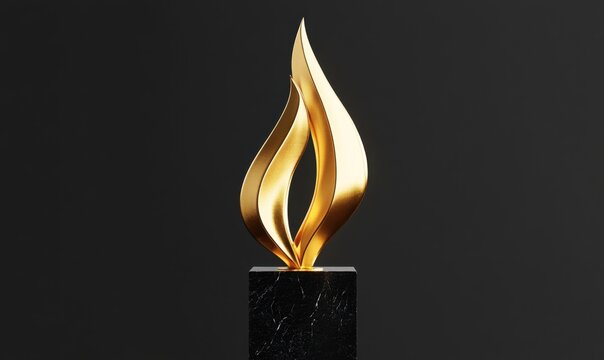 Gold flame sculpture on black marble base, dark background, award ceremony