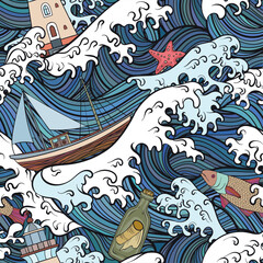 Seamless pattern with abstract sea waves, boats, fish, lighthouse, coral, and nautical-themed maritime elements, vector illustration