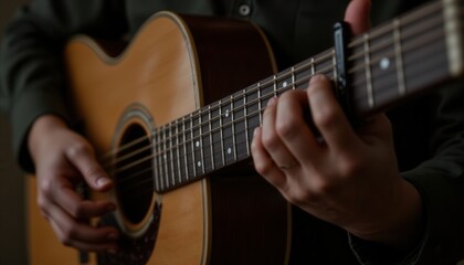Obraz premium Closeup of a Guitar Player in a Cozy Room Musical Performance Indoor Ambiance Artistic Perspective