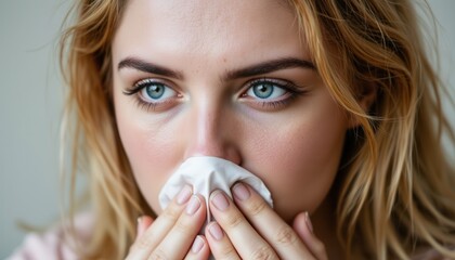 Sick Woman Blowing Nose Home Closeup Image Indoor Emotional Impact