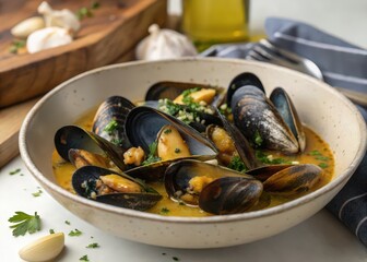 bowl filled with cooked mussels in creamy sauce, topped with chopped parsley.