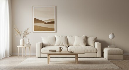 Interior view shows a sofa a table and artwork in a neutral color scheme.