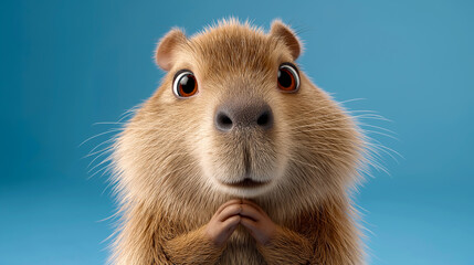 Fototapeta premium Cute capybara with expressive eyes against a vibrant blue background