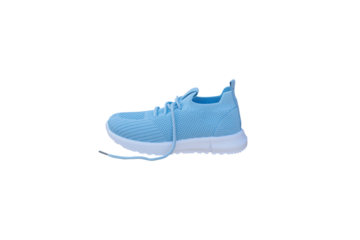 one children's sneaker isolated, children's light blue sneaker on a white background, fashionable light sneakers for a child