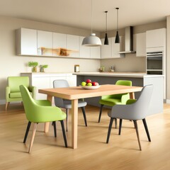 Fototapeta premium Modern Kitchen Design with Wooden Dining Table, Green & Grey Chairs and Light Beige Interior 