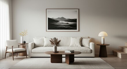 Fototapeta premium Living room interior with sofa chair table lamp and landscape painting.