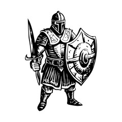 An armour character holding a shield bearer, vintage illustration 