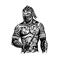 A tribal tattooed warrior illustration in vintage style 