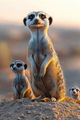 Three meerkats standing on a sandy mound looking towards the light