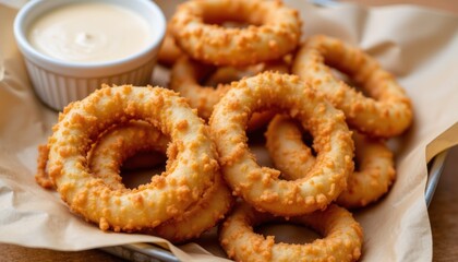 Delicious Crispy Onion Rings with Dipping Sauce Restaurant Setting Food Photography Indoor Gourmet Snack