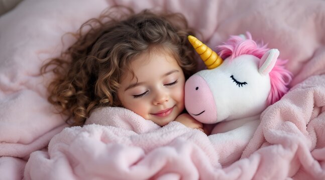 Cozy moments of a little girl peacefully sleeping with her beloved unicorn plush toy wrapped in a soft pink blanket during a serene afternoon Generative AI  girl, sleeping, unicorn, plush,  girl, 