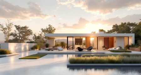 house Modern architectural marvel shines at sunset with sleek design, tranquil setting, and inviting outdoor living spaces  house modern, architecture, sunset, outdoor, living, design,
