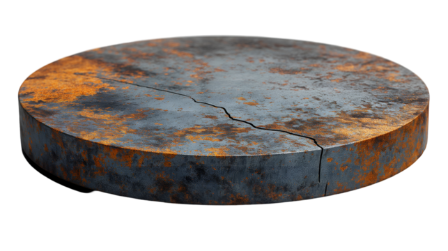 Cracked Metal Disc Vintage Industrial Texture Element with Grey Orange Patina.