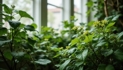 Lush Green Plants Flourishing by Big Windows Indoor Space Natural Light Serene Environment Nature Concept