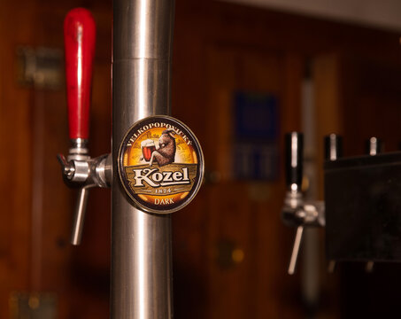 Kozel dark beer tap with red handle in pub setting