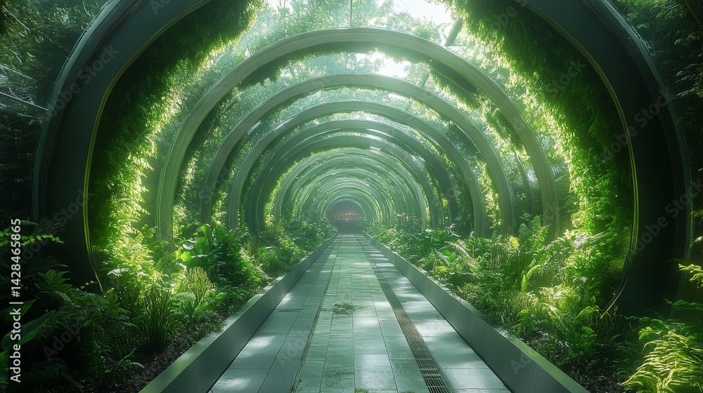 Poster a vibrant pathway surrounded by lush greenery and innovative architecture showcases sustainable prac