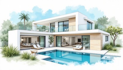 Modern Luxury Villa Watercolor Illustration by the Poolside Tranquil Environment Contemporary Design