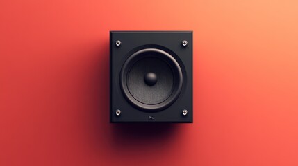 Close-up view of a black speaker against a coral background.