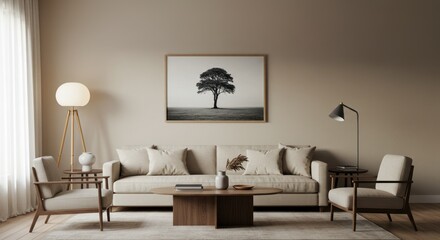 Interior view of living room with sofa chairs table artwork and lamps.