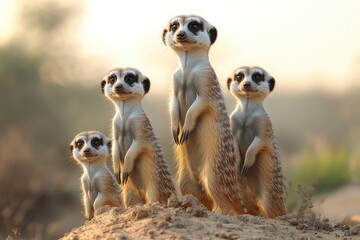 Four meerkats are standing together on a small dirt mound