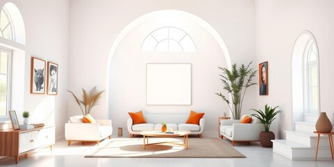 Sunlit living room, minimalist white staircase archway, empty poster space, arch, stairs