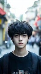Fototapeta premium Portrait of a young man with black hair, shot outdoors in a blurry urban setting