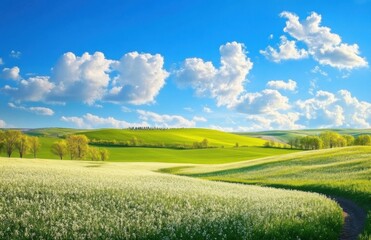 Fototapeta premium art springtime rural landscape. Springfield and blue sky panorama