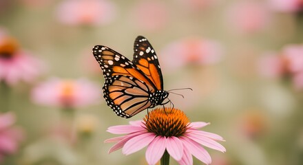 Monarch butterfly gracefully perched on a vibrant coneflower in a sunlit garden, showcasing nature's delicate beauty and the harmony of life in spring Generative AI