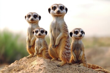 Fototapeta premium Four adorable meerkats standing upright together and looking forward