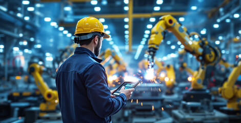 Man in industrial uniform and helmet uses tablet to monitor robotic arms in smart factory, futuristic style, indoor background, concept of future industry. Ai generative