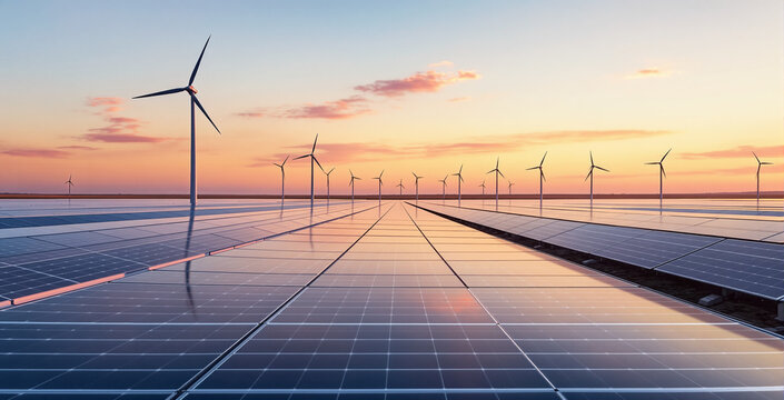 Solar panels and wind turbines in a futuristic clean energy field, realistic style, under a vivid sunset sky. Concept of renewable power and technology. Ai generative