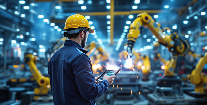 Man in industrial uniform and helmet uses tablet to monitor robotic arms in smart factory, futuristic style, indoor background, concept of future industry. Ai generative
