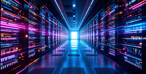 Neon-lit futuristic server room interior with glowing data streams, digital tech style, metallic floor background, concept of future data industry. Ai generative