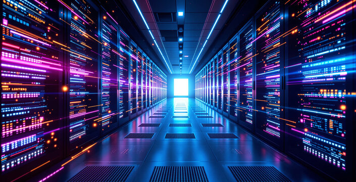 Neon-lit futuristic server room interior with glowing data streams, digital tech style, metallic floor background, concept of future data industry. Ai generative