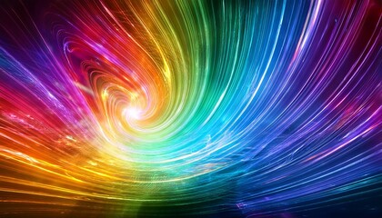 Fototapeta premium rainbow spiraling vortex background banner beautiful ethereal radiating gaseous energy field with a spiral on left side with streams of energy trailing across to the right side and space for copy