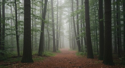 Fototapeta premium Foggy forest scene with tall trees and ground covered in fallen leaves.