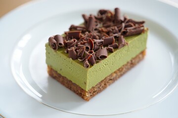 Homemade tiramisu with pistachio mousse and dark chocolate