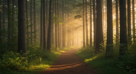 Obraz premium Forest path with sunlight shining through trees creating a serene atmosphere.