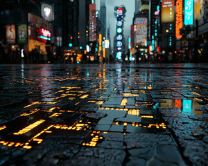 A vibrant city scene reflecting neon lights on wet pavement, capturing the essence of urban nightlife and energy.