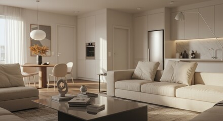 Bright modern living room with sofa armchair table and kitchen area.