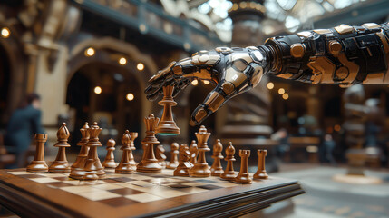 A robotic hand strategically moves a chess piece on a beautifully crafted board in an ornate setting, blending technology with classic gameplay.