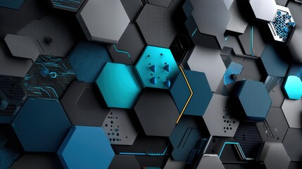 Futuristic Hexagonal Pattern with Tech Elements and Blue Accents in a Digital Design Context