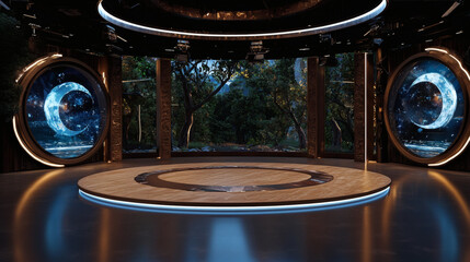 A modern, futuristic studio with circular windows showcasing a serene landscape, illuminated by soft lighting and sleek design elements.